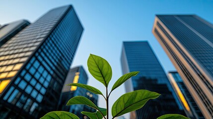 Green plant in urban environment with skyscrapers at sunset, vibrant architecture.