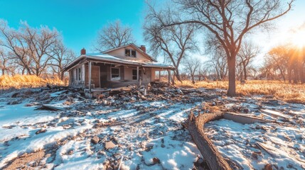 Abandoned House Surrounded by Snowy Landscape with Overgrown Grass and Sunlight Glowing Through Trees in a Clear Blue Sky