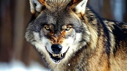 Obraz premium A Close-Up of a Wolf's Face Showing Its Sharp Teeth and Fierce Eyes