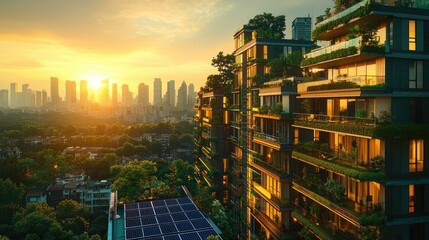 Obraz premium Modern buildings with greenery at sunset, city skyline in the background