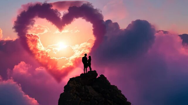 A couple stands triumphantly on a cloud in the shape of a heart, expressing their love and unity, A couple standing on the top of a hill surrounded by heart-shaped clouds