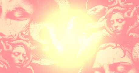 Abstract aesthetic background with medusa image shape with 1969 theme
