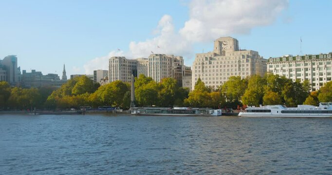 Savoy Pier At Thames River With Cleopatra's Needle Obelisk In London, England, UK. - wide shot