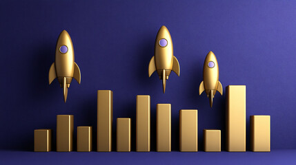 A vibrant image featuring golden rockets ascending alongside a bar graph, symbolizing growth and progress in a dynamic way.