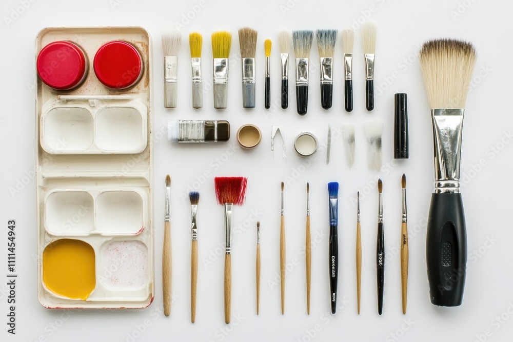 Poster brightly arranged hobby and diy tools such as brushes, scissors, and paints create an inviting works