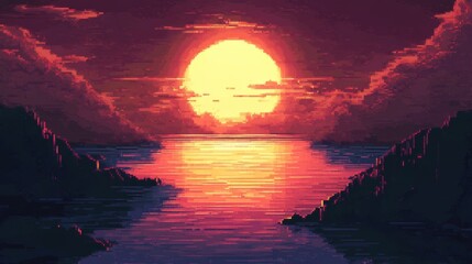 Pixel Art Sunset, Giant Sun, Reflective Water, Mountain Silhouettes, Warm Color Palette