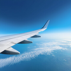 Obraz premium Airplane wing from top perspective on bright blue background