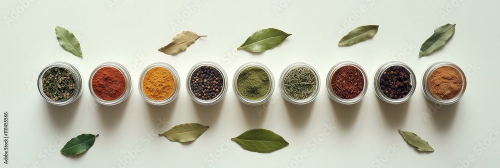 Poster Small jars filled with vibrant spices are neatly arranged alongside bay leaves and cinnamon sticks on a clean white surface, perfect for cooking. Generative AI