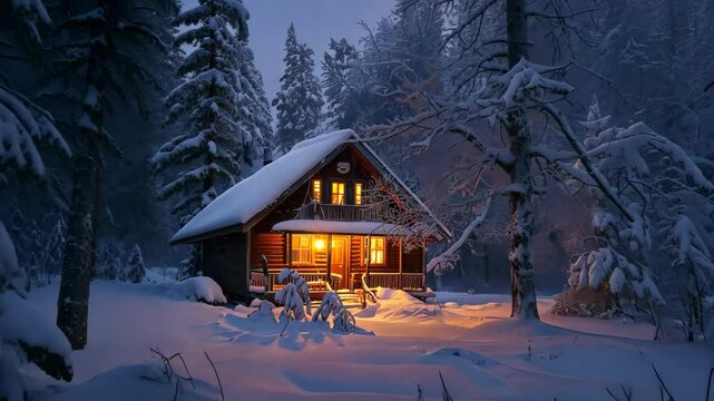 A cabin nestled in the midst of a snowy forest is illuminated by the moonlight on a cold winter night, A cozy cabin in a snowed woodland, glowing warmly from within
