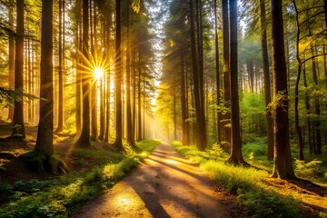 Obraz premium A dense forest path illuminated by golden sunlight filtering through the trees