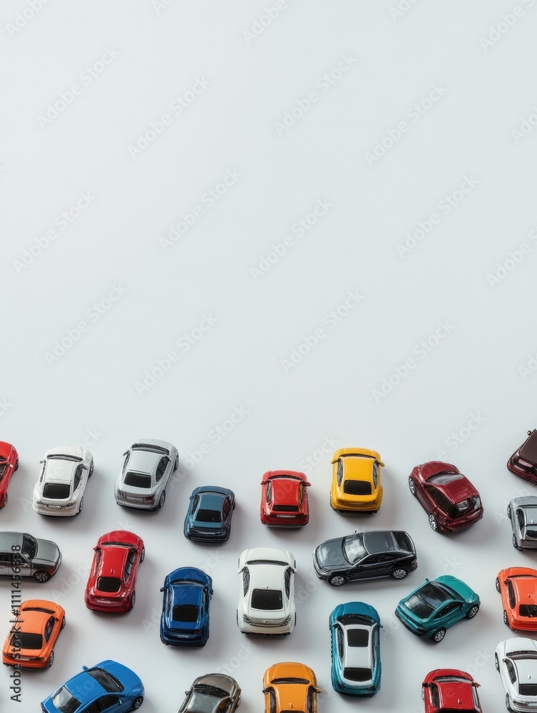 Poster Various miniature car models are neatly arranged on a white background, offering ample space for text and creative design. Generative AI