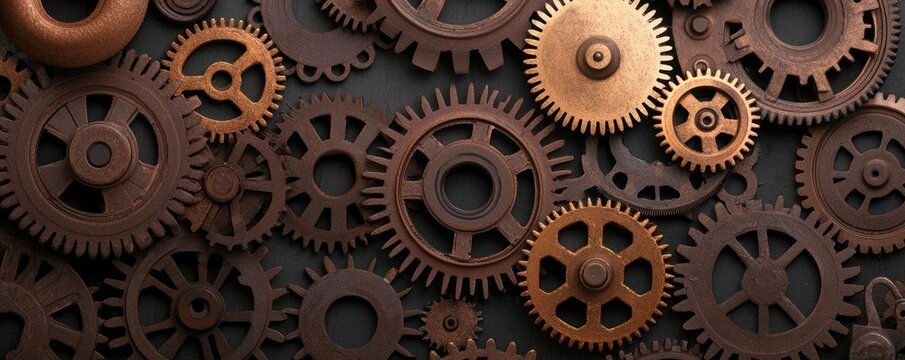 Collection of vintage copper gears on a dark background, showcasing intricate designs.