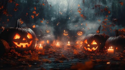 Fototapeta premium Spooky Halloween Wallpaper with Glowing Jack O Lanterns and Dark Landscape with Bats and Autumn Leaves