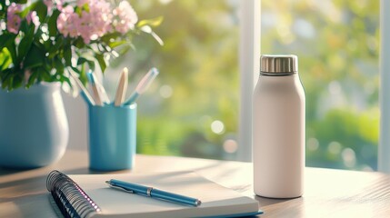 Goal setting for daily habits, A morning routine setup: notebook, pen, water bottle, and motivational quotes.