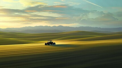 Fototapeta premium A peaceful agricultural landscape at sunset, featuring a tractor in a vast field with rolling hills and a colorful sky. Perfect for farming themes.