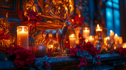 Obraz premium Golden Reindeer Christmas Mantel Illustration