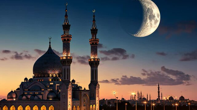 A night scene featuring a majestic mosque illuminated by moonlight with a distinct crescent moon in the background, A crescent moon over an illuminated mosque