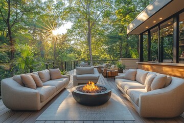 Luxurious outdoor living space with fire pit, sofas, and deck overlooking a lush forest at sunset.