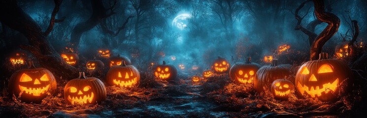 Fototapeta premium Halloween Night Background Wallpaper with Spooky Jack O Lanterns in Dark Forest and Full Moon
