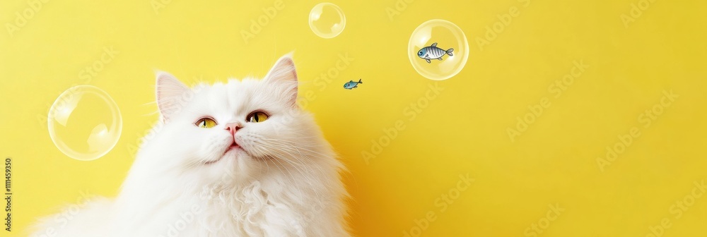Poster a fluffy white cat watches curiously as colorful bubbles containing small fish float around it on a 
