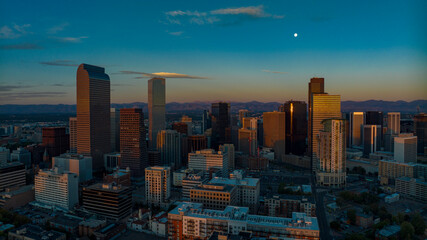 SEPTEMBER 30, 2023 - DENVER, CO., USA - sunset on Denver skyline looking west towards Rocky Mountains