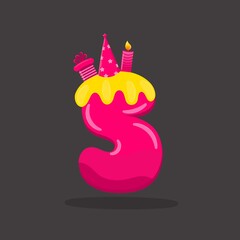 Birthday cake font number 5 with candle. 5th, Five year anniversary.
Tasty collection. Vector illustration