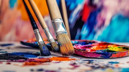 Fototapeta premium A vibrant collection of paintbrushes resting on a colorful palette, showcasing the beauty of artistic expression and creativity in a studio setting.