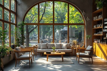 Obraz premium Cozy Coffee Shop Interior with Natural Light and Scandinavian Design Featuring Wooden Furnishings and Potted Plants