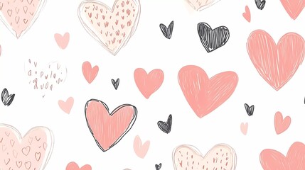 mless pattern with cute pink hearts and doodles on a white background. Valentine's Day seamless texture, love concept. Vector illustration of hand-drawn doodle art for design print. 