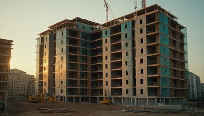 Fototapeta premium Modern building under construction against blue sky. Construction work site 64