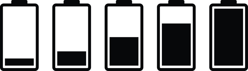Battery GSM icon set. Isolated black smartphone battery level indicator icons on white background. Concept power, energy, low , full, empty, load. Loading battery concept. Battery charge sign
