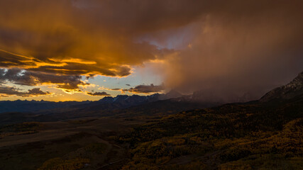 OCTOBER 4, 2023, SAN JUAN MOUNTAINS, CO. USA - sunset colors on San Juan Mountains, Colorado Hastings Mesa