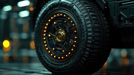 Obraz premium Close-up of modern tire with illuminated rim on a high-tech background.
