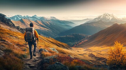 Fototapeta premium A solo hiker explores a stunning mountainous landscape during sunset, capturing the beauty of nature and the spirit of adventure in the great outdoors.