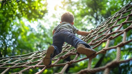 Young Boy Climbing Rope Net Outdoors