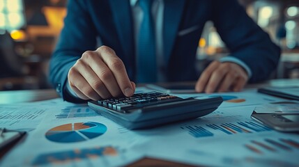 Fototapeta premium A businessman calculates company financial data using a calculator, 