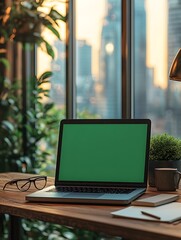 Green screen laptop. Close up shot of modern chroma key green screen laptop computer set up for work on desk. remote work, technology concept. chromakey laptop.