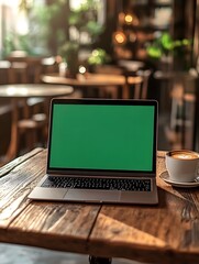 Green screen laptop. Close up shot of modern chroma key green screen laptop computer set up for work on desk. remote work, technology concept. chromakey laptop.