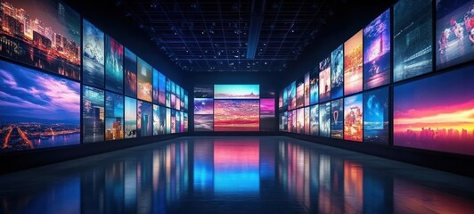 Futuristic Gallery Technology with Digital Screens Multimedia Art Streaming and Communication