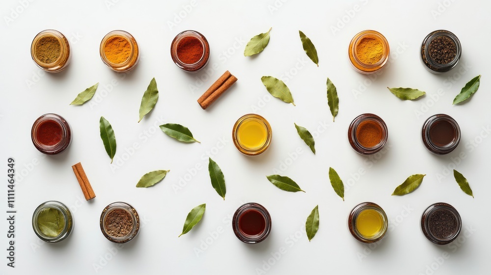 Poster small jars filled with vibrant spices are creatively arranged alongside bay leaves and cinnamon stic