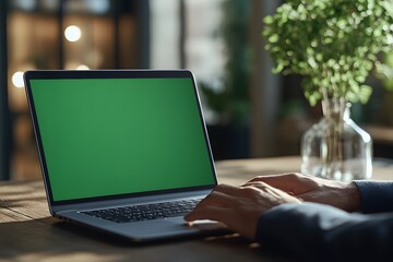 Green screen laptop. Close up shot of modern chroma key green screen laptop computer set up for work on desk. remote work, technology concept. chromakey laptop.