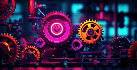 Fototapeta premium Colorful mechanical gears with illuminated elements on a dark background.