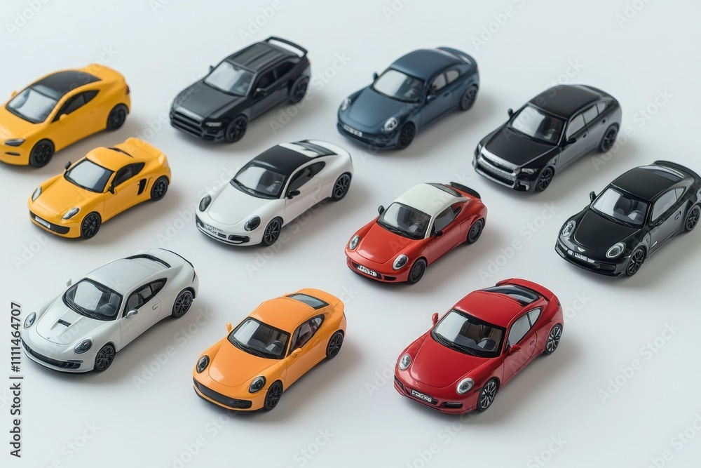 Poster collection of miniature car models displayed neatly on a white background, ideal for showcasing auto