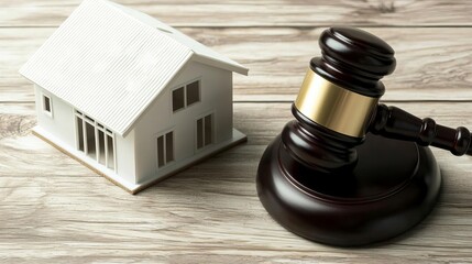 A gavel resting beside a miniature house representing real estate law, justice, and property disputes. Ideal for legal and real estate themes.
