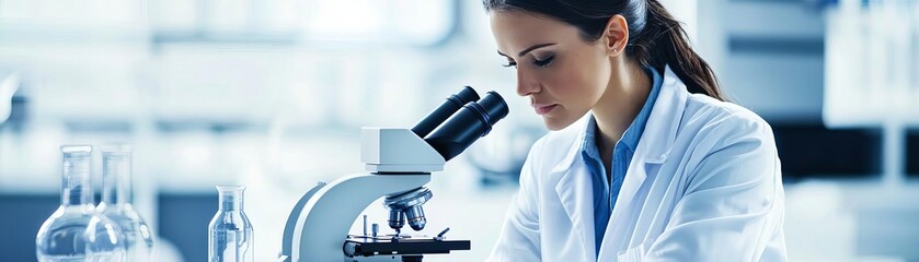 A focused female scientist examining samples through a microscope in a modern laboratory, showcasing the essence of scientific research and discovery.