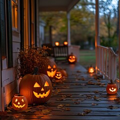 Obraz premium Lit Jack O Lanterns Line Autumn Porch