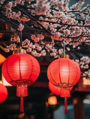 Fototapeta premium Red Chinese lanterns with tassels hanging beneath cherry blossom branches - ai