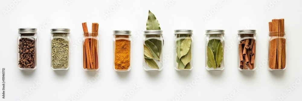 Aufkleber Small jars of vibrant spices like cinnamon and bay leaves create a colorful, aromatic display on a bright surface. Generative AI