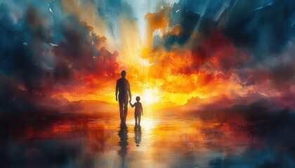 Obraz premium Jesus Walking with Little Girl Towards Light in Serene Watercolor Scene