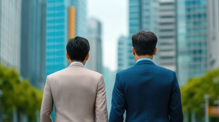 Fototapeta premium Two businessmen walking through a bustling modern city business district surrounded by tall skyscrapers and office buildings